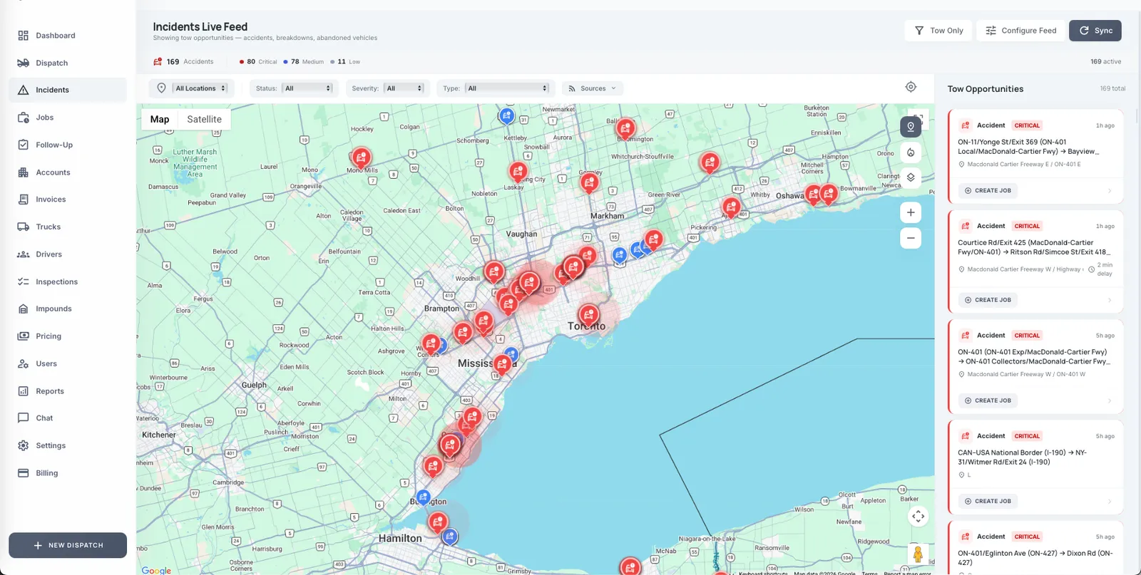 TowBridge Live Incident Feed — map view with severity pins and detail panel
